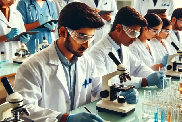 DALL·E 2025-02-24 16.39.51 - A group of Indian medical students working in a laboratory. They are wearing white lab coats, safety goggles, and gloves while conducting experiments
